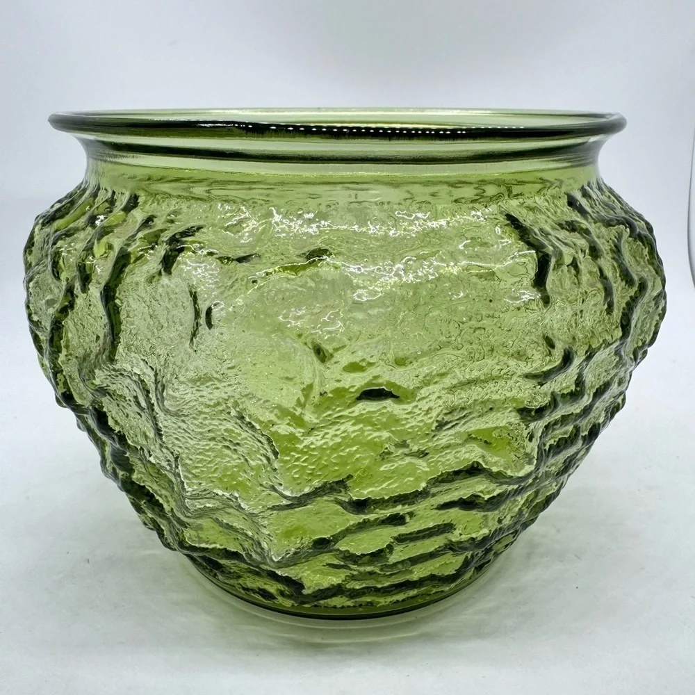 Vintage EO Brody Co. Olive Glass Crinkle Textured Vase Planters